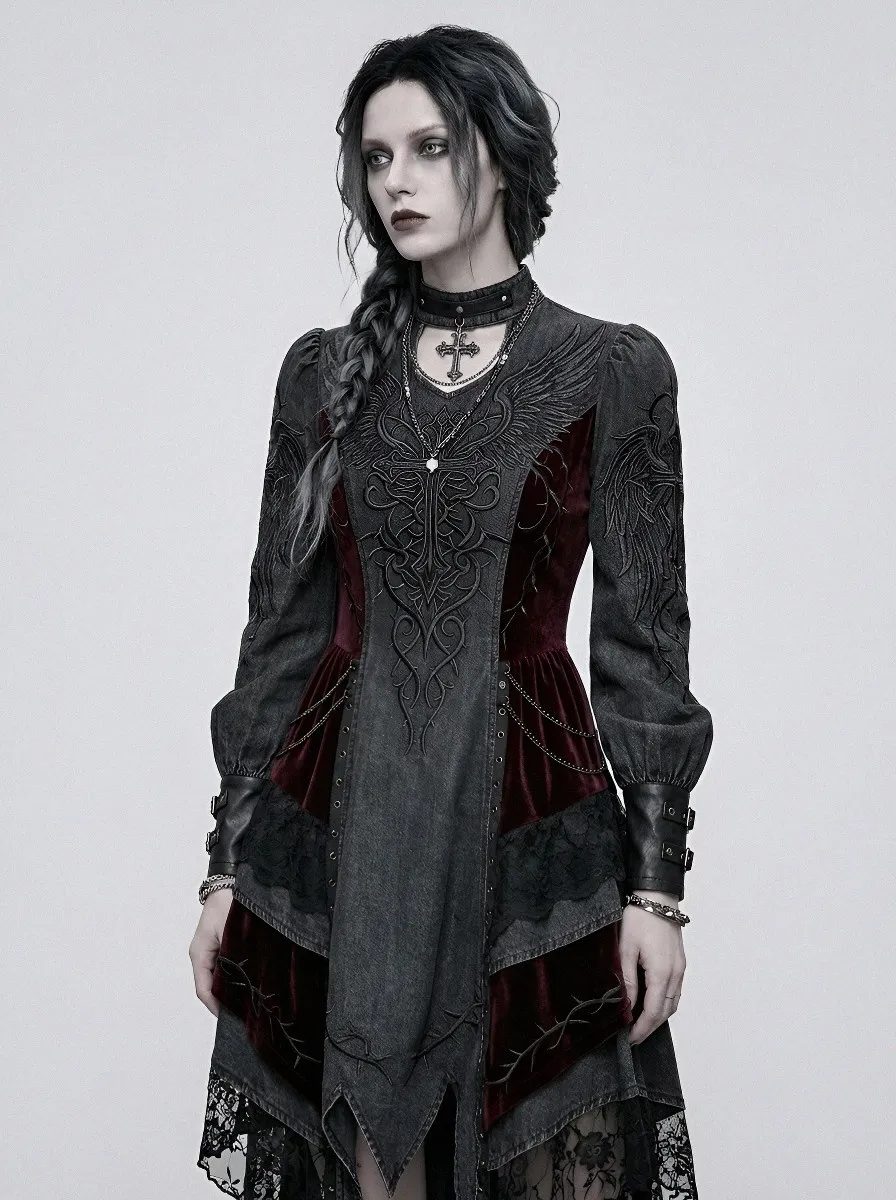 Women's Gothic Dark Angel Wing Embroidered Velvet Printed Top