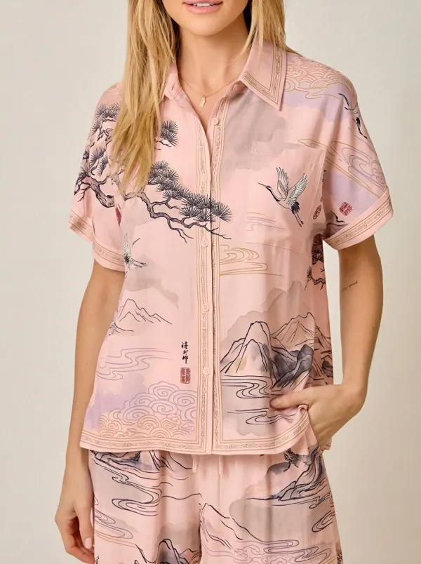 Women's Asian Landscape Crane Printed Button-Down Shirt