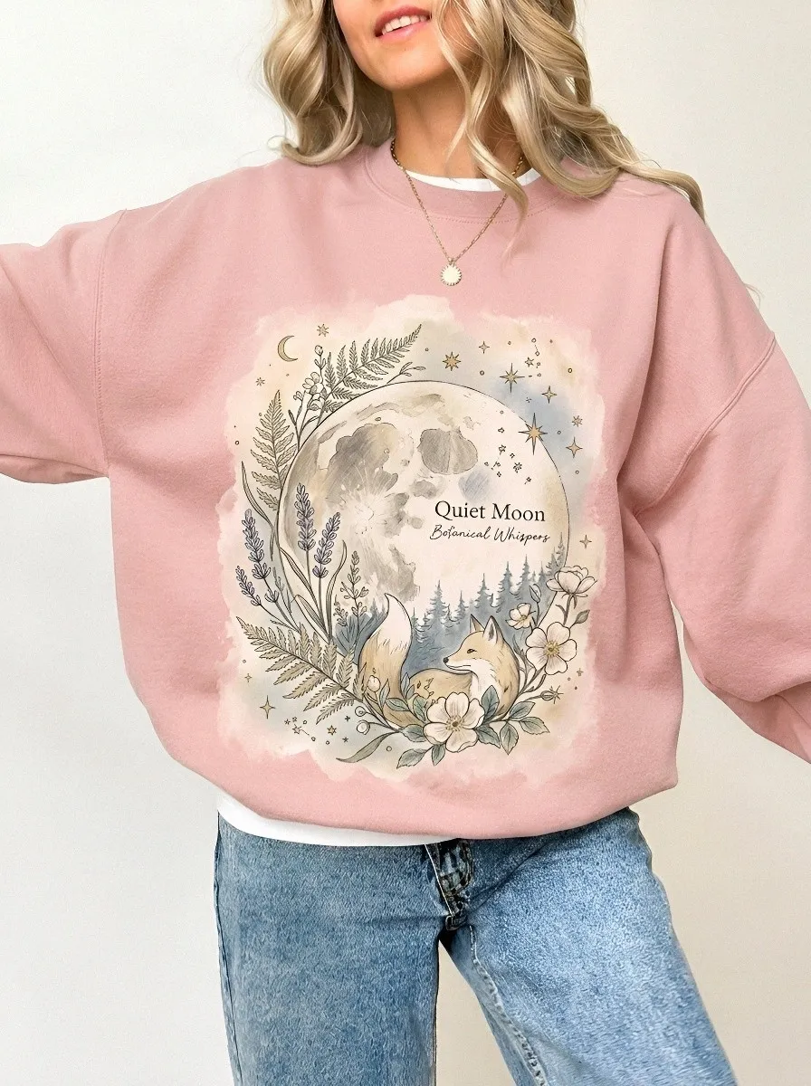 Women's Nature Lover Quiet Moon Fox Botanical Printed Sweatshirt