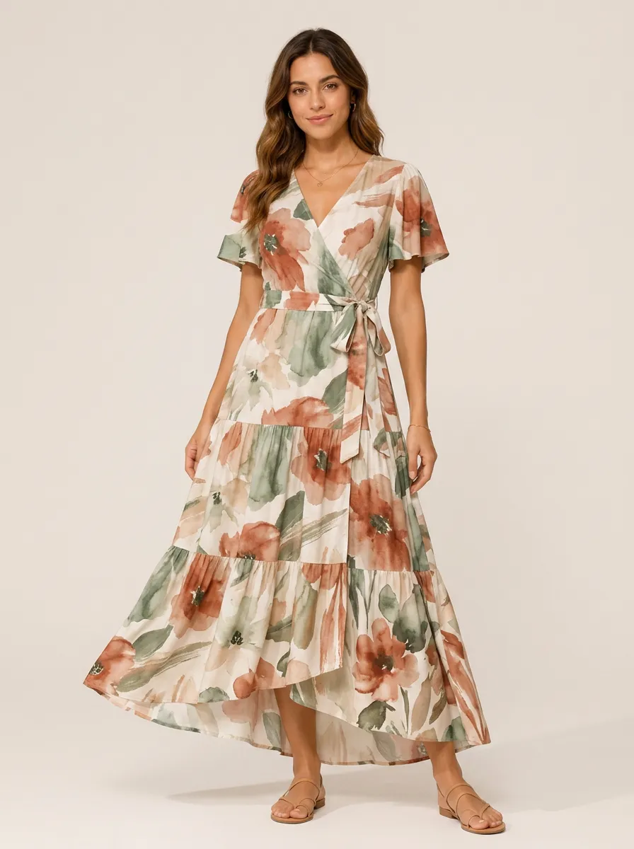 Women's Floral Boho Watercolor Printed Wrap Dress