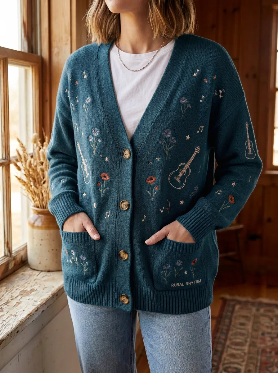 Heritage Guitar Floral Women's Country Music Casual Cardigan