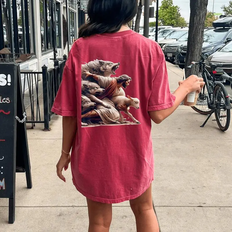 Jesus Protects The Lamb From Wolves Christian God Jesus Women's Oversized Comfort T-Shirt Back Print