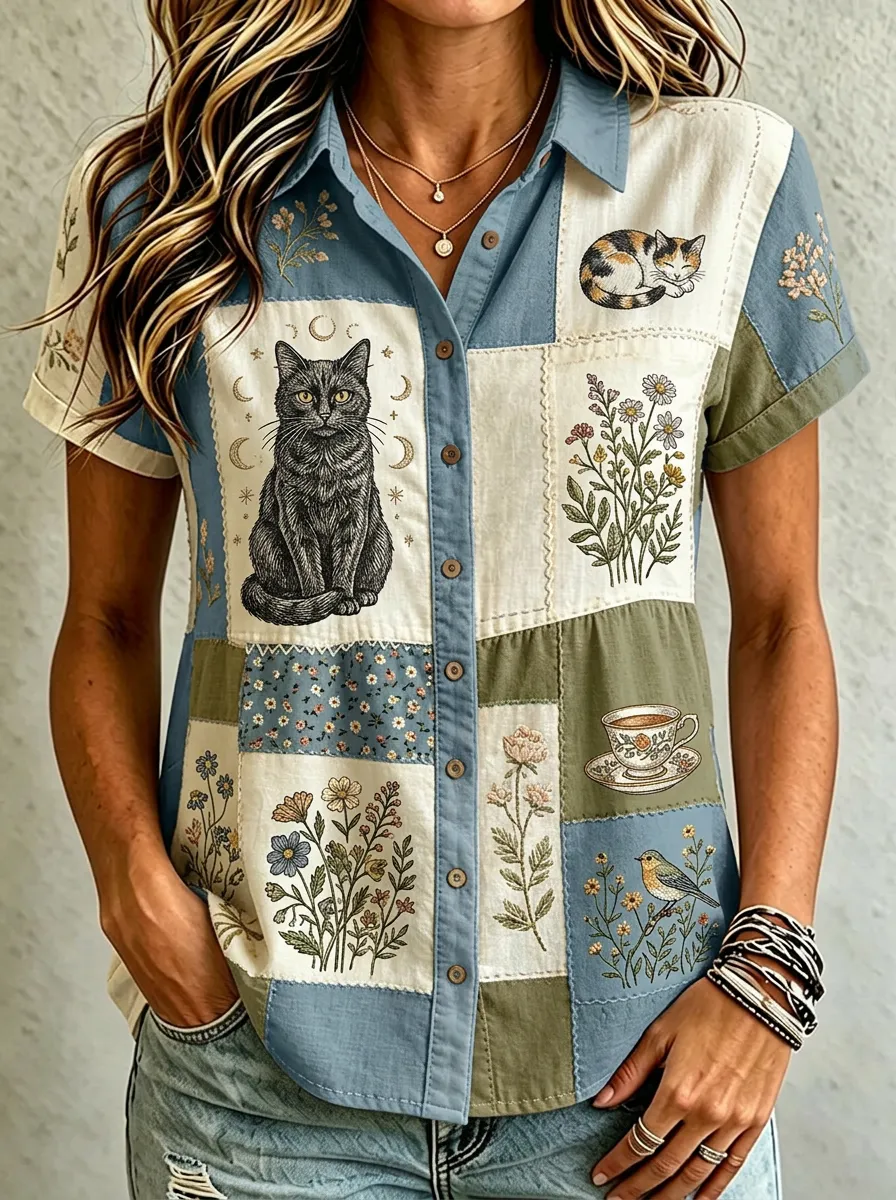 Women's Cat Lover Floral Patchwork Printed Cotton Linen Shirt