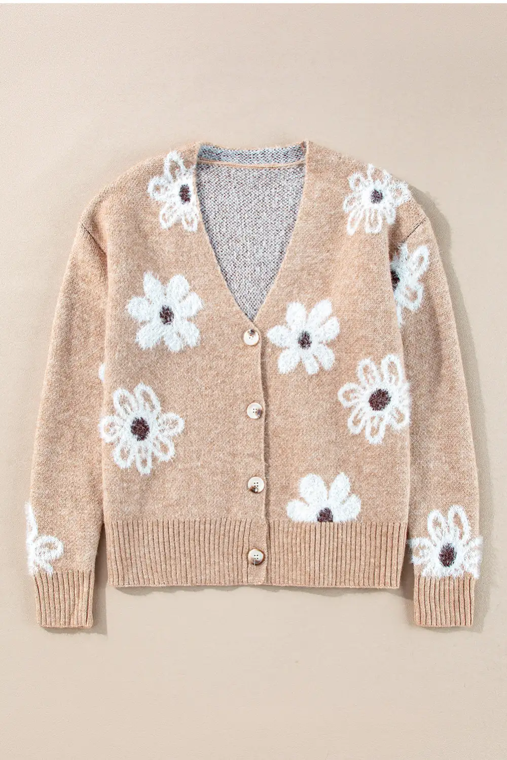 Soft Knit Button Front V Neck Floral Cardigan