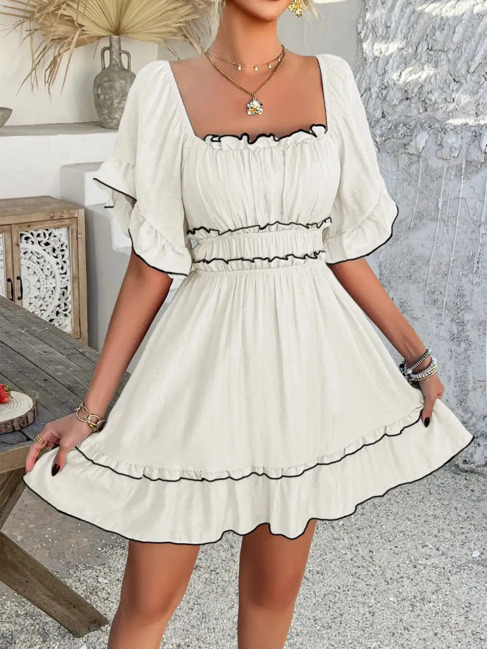 Square Neck Ruffle Mini Dress
