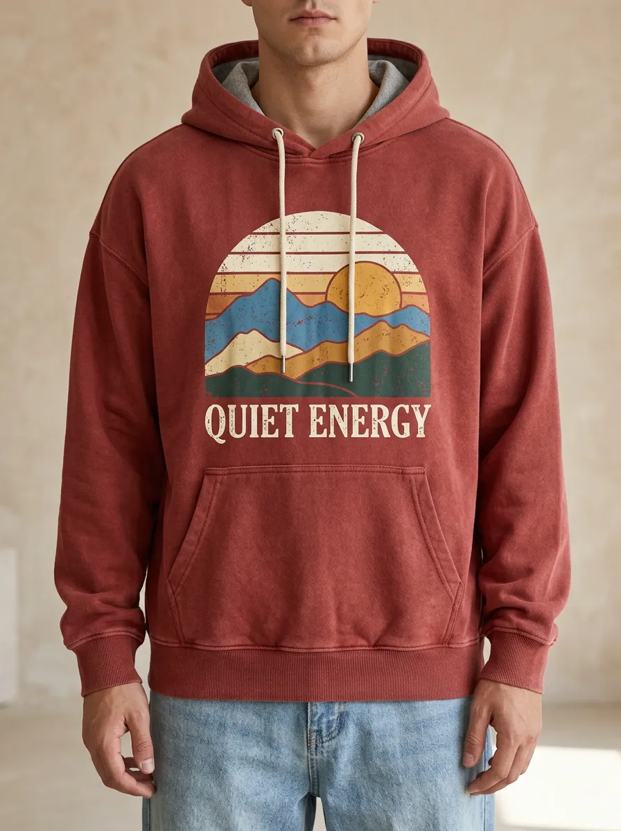 Unisex Quiet Energy Retro Mountain Sunset Print Hoodie