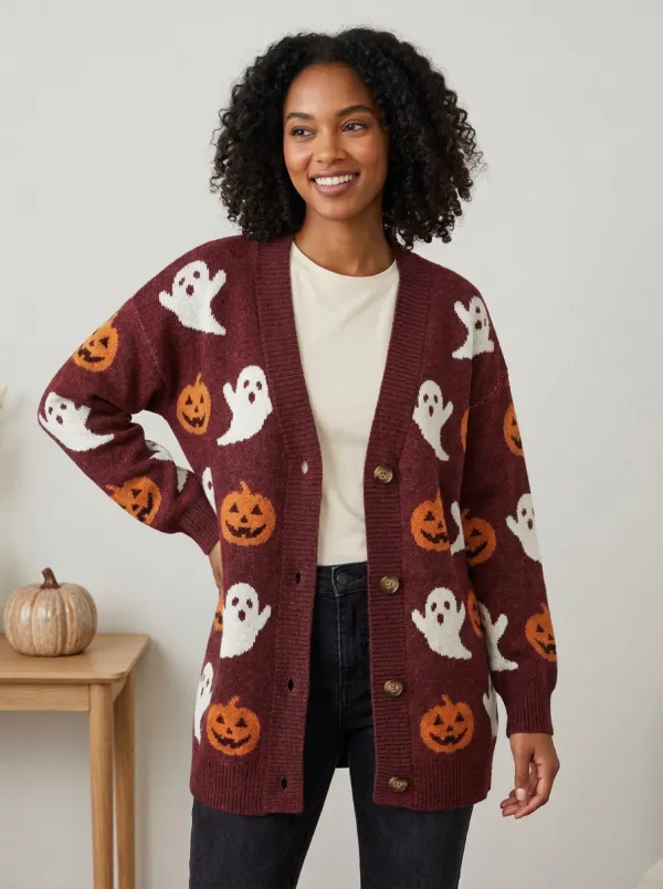 Women's Whimsical Ghost Pumpkin Halloween Print Cardigan