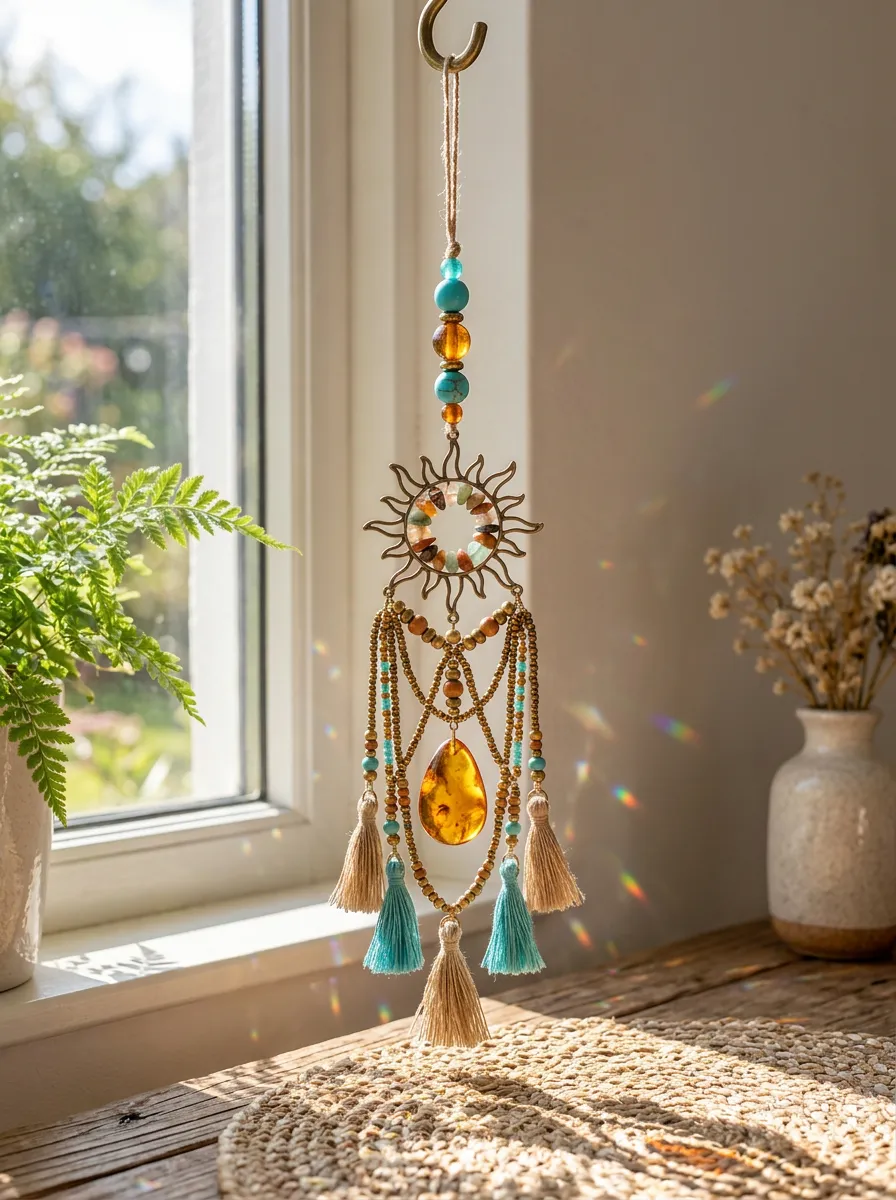 Boho Sun Crystal Beaded Tassel Suncatcher Hanging Ornament