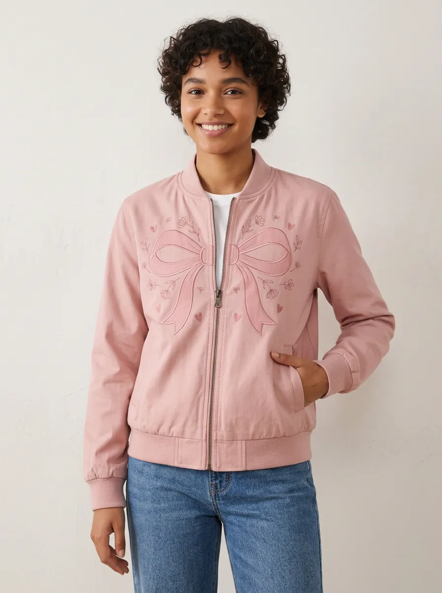 Unisex Pink Bow Ribbon Floral Embroidered Bomber Jacket