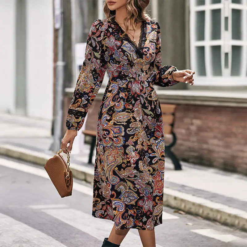 Women's V-Neck Long-Sleeve Paisley Maxi Dress