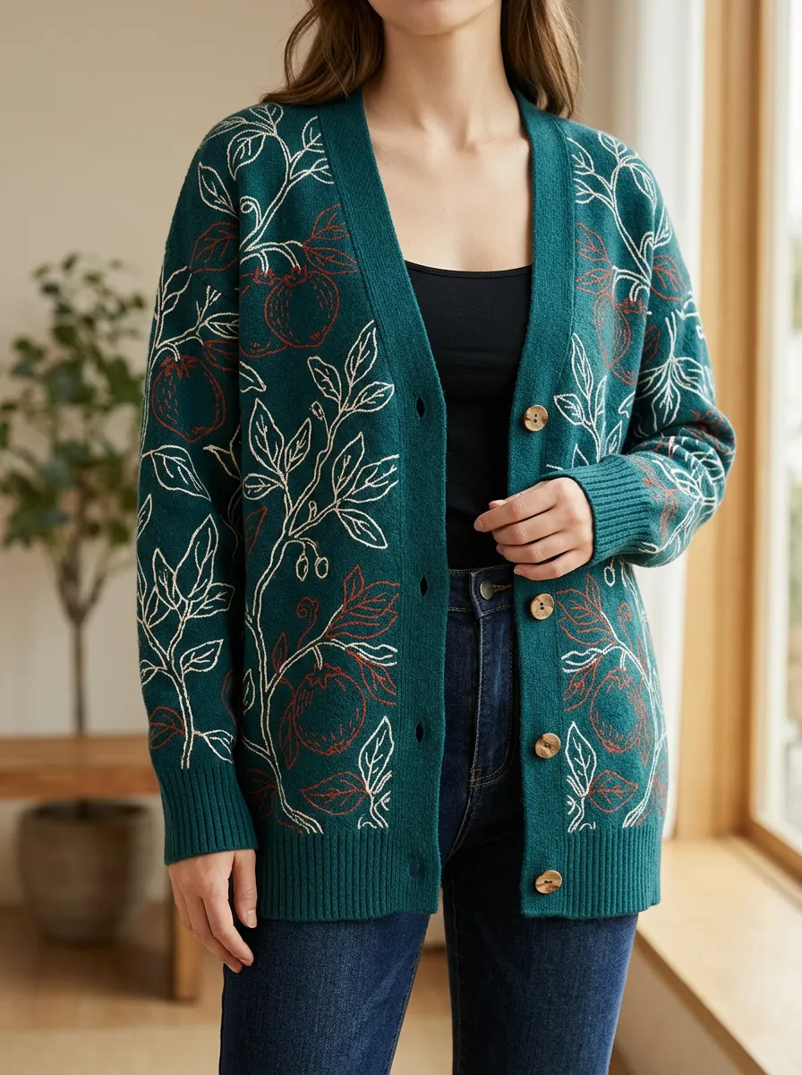 Women's Botanical Pomegranate Floral Printed Cardigan