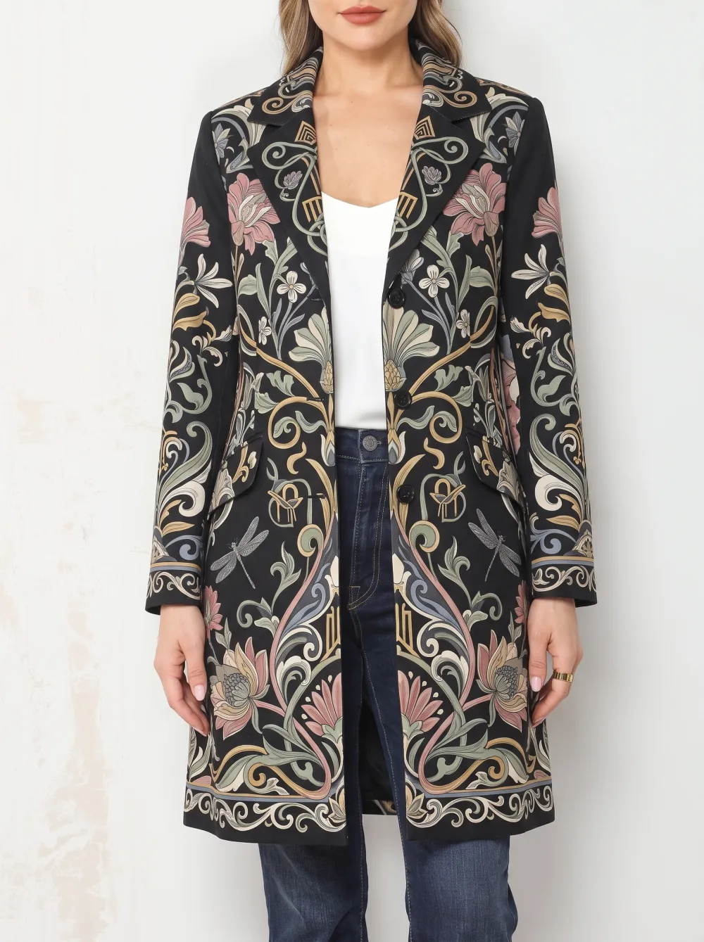 Women's Vintage Floral Dragonfly Pattern Printed Long Blazer