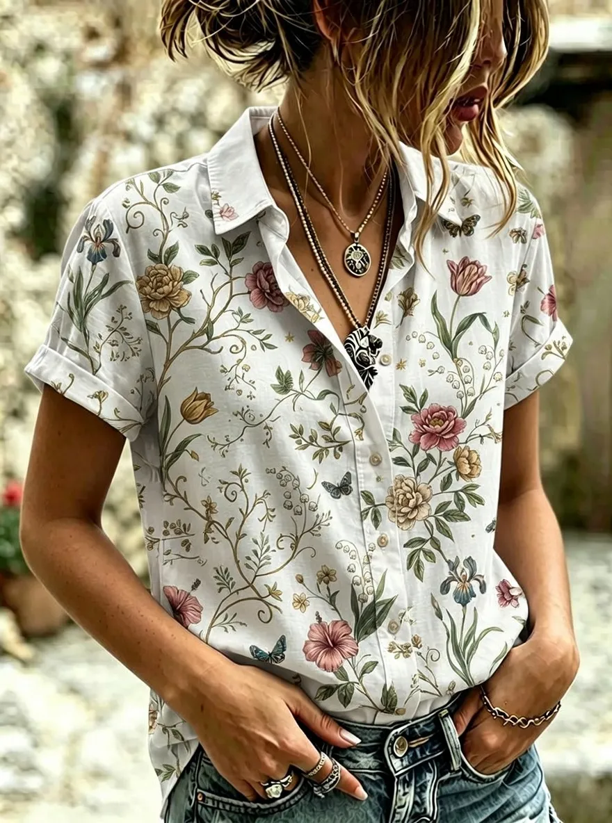 Women's Botanical Floral Vintage Garden Printed Short Sleeve Shirt