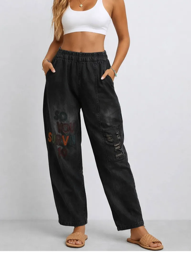 Letter Elastic Waist Distressed Barrel Leg Denim Pants