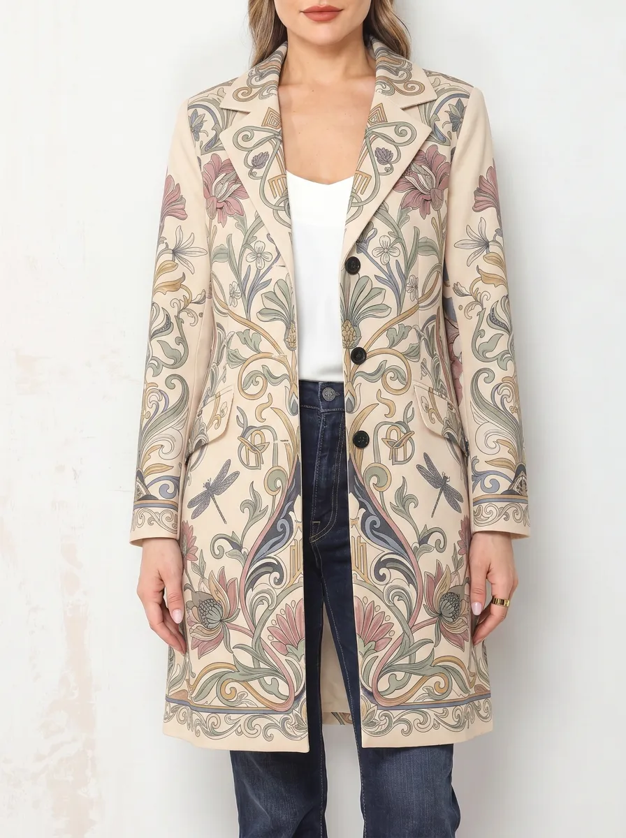 Women's Vintage Floral Dragonfly Pattern Printed Long Blazer