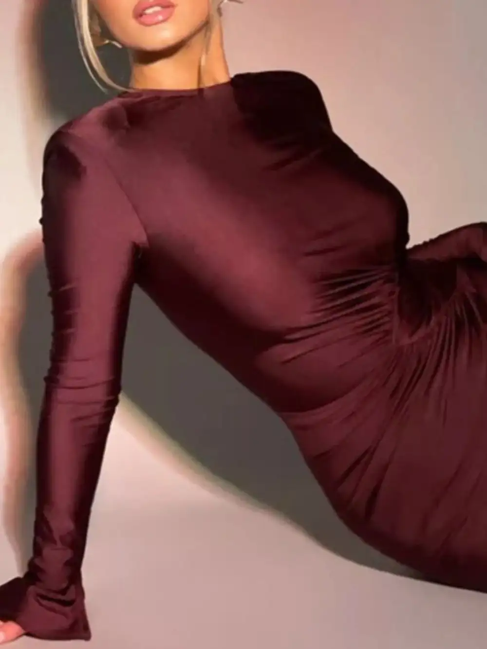 Relaxed Ruched Long Sleeve Bodycon Maxi Dress