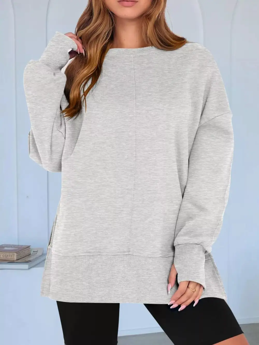 Side Slit Round Neck Long Sleeve Sweatshirt