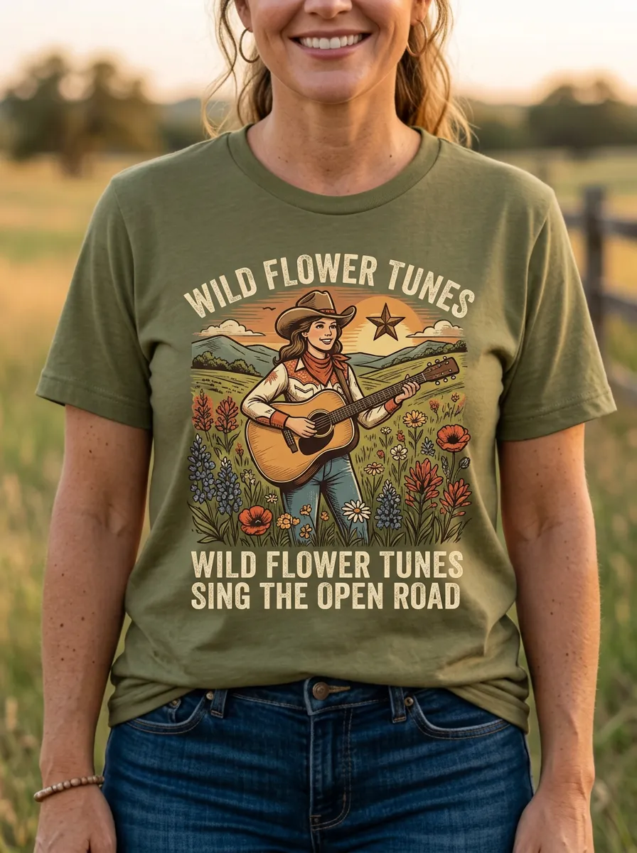 Country-Road Guitar Wildflower Country Music Crewneck T-Shirt