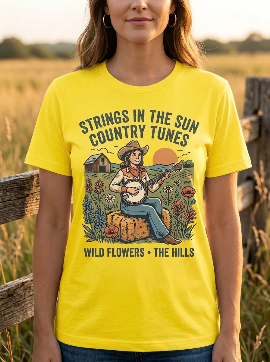 Country Music Banjo Player Wildflowers Crew Neck T-Shirt