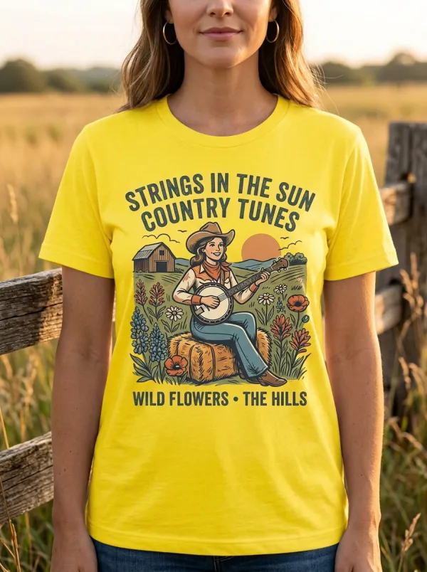 Country Music Banjo Player Wildflowers Crew Neck T-Shirt