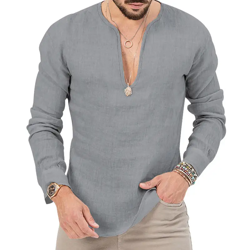Men's Relaxed Linen Tunic Shirt With Open Slit Collar And Rounded Hem