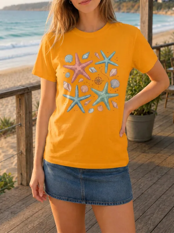 Women's Beach Lover Starfish Seashell Compass Printed T-shirt