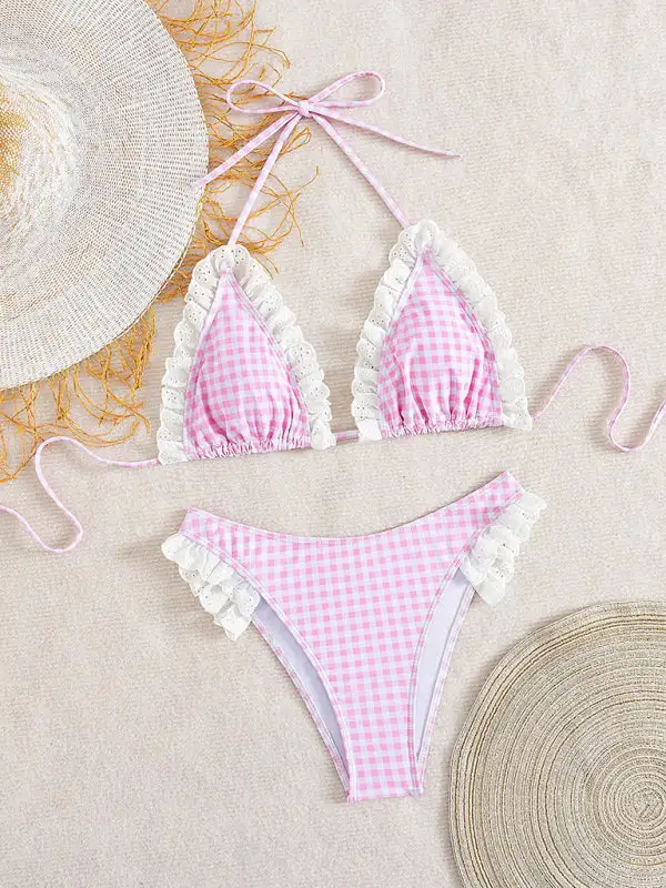 Lace Plaid Halterneck Ruffled Split Bikini Swim Set