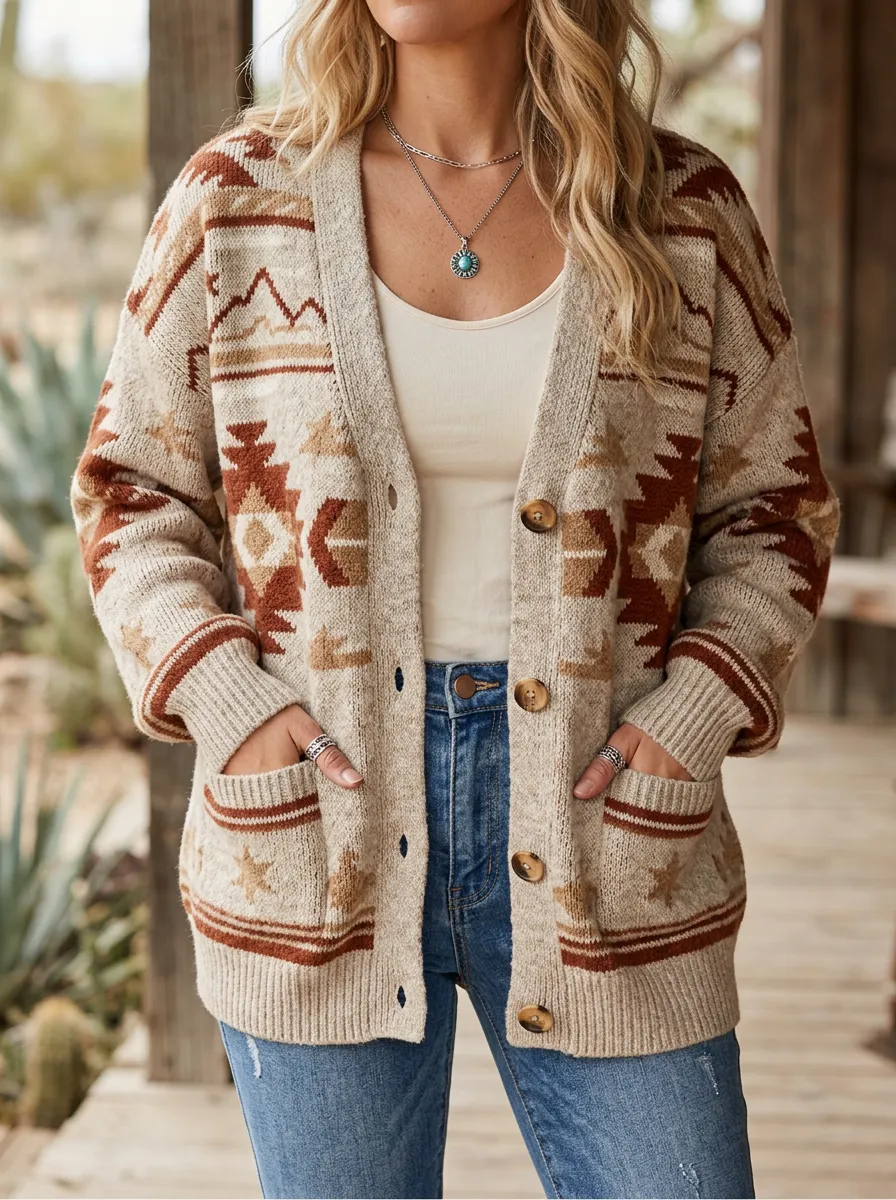 Women's Western Beige Southwest Pattern Button-Front Cardigan