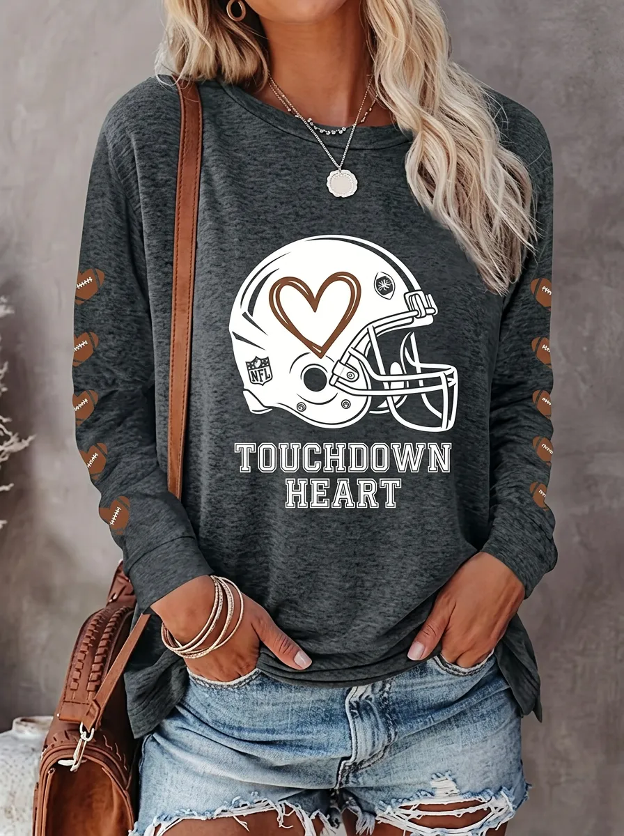 Women's Retro Inspired Gridiron Heart Helmet Ball Crewneck Long Sleeve T-Shirt