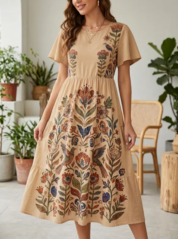 Bohemian Floral Bird Pattern Dress
