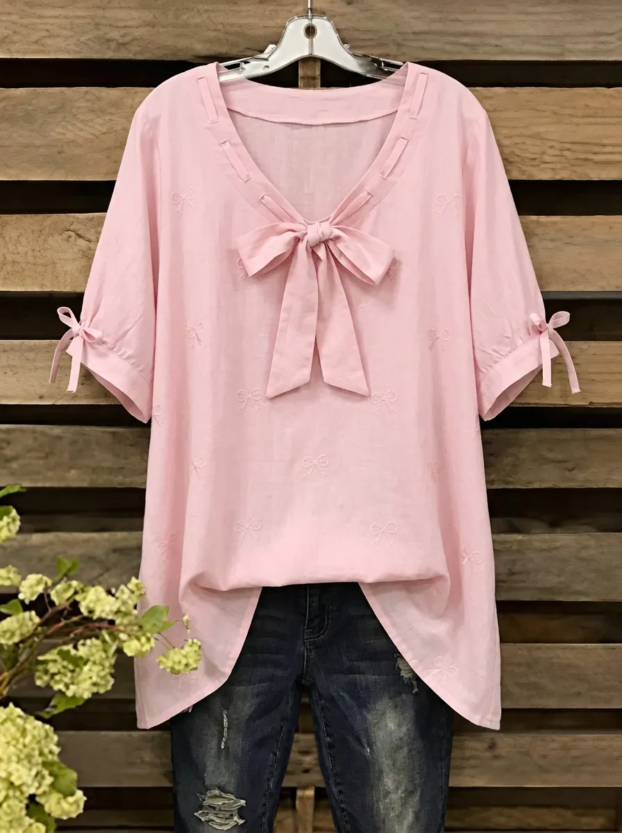 Women's V-neck Bow-detail Bow Embroidered Blouse