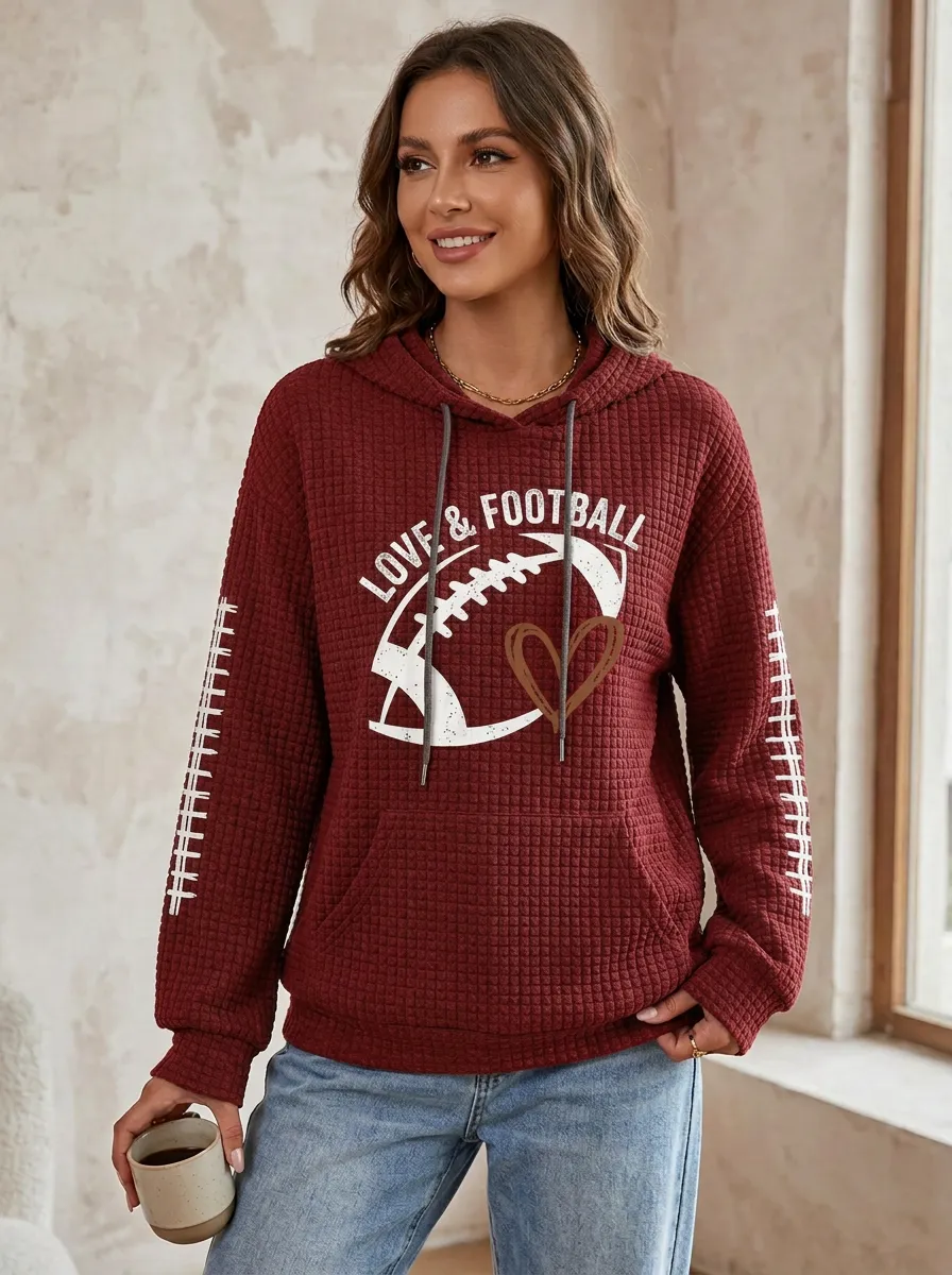 Women's Love & Football Heart Graphic Printed Waffle Knit Hoodie