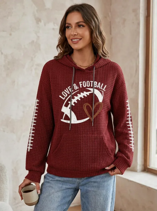 Women's Love & Football Heart Graphic Printed Waffle Knit Hoodie