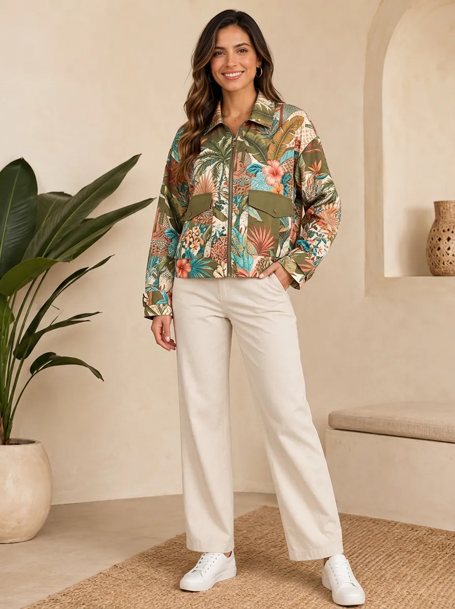 Women's Tropical Botanical Palm Leaf Floral Printed Zip-up Jacket