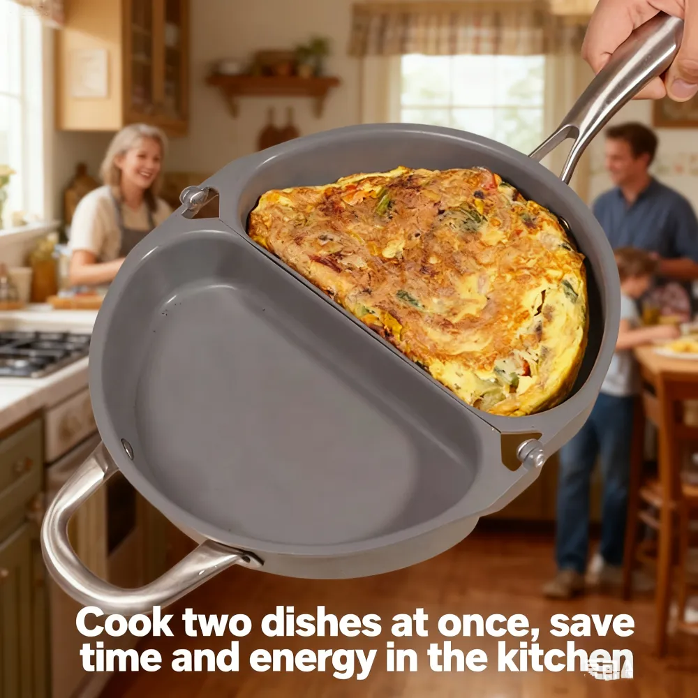 Dual-Section Non-Stick Frying Pan, Cook Two Dishes at Once for Time-Saving Kitchen Cooking