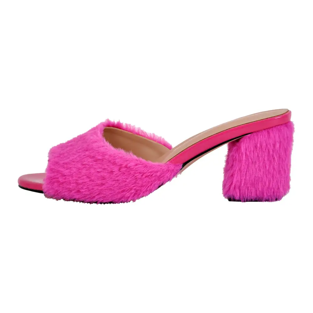 Round Toe Chunky Heel Fur Mule Sandals