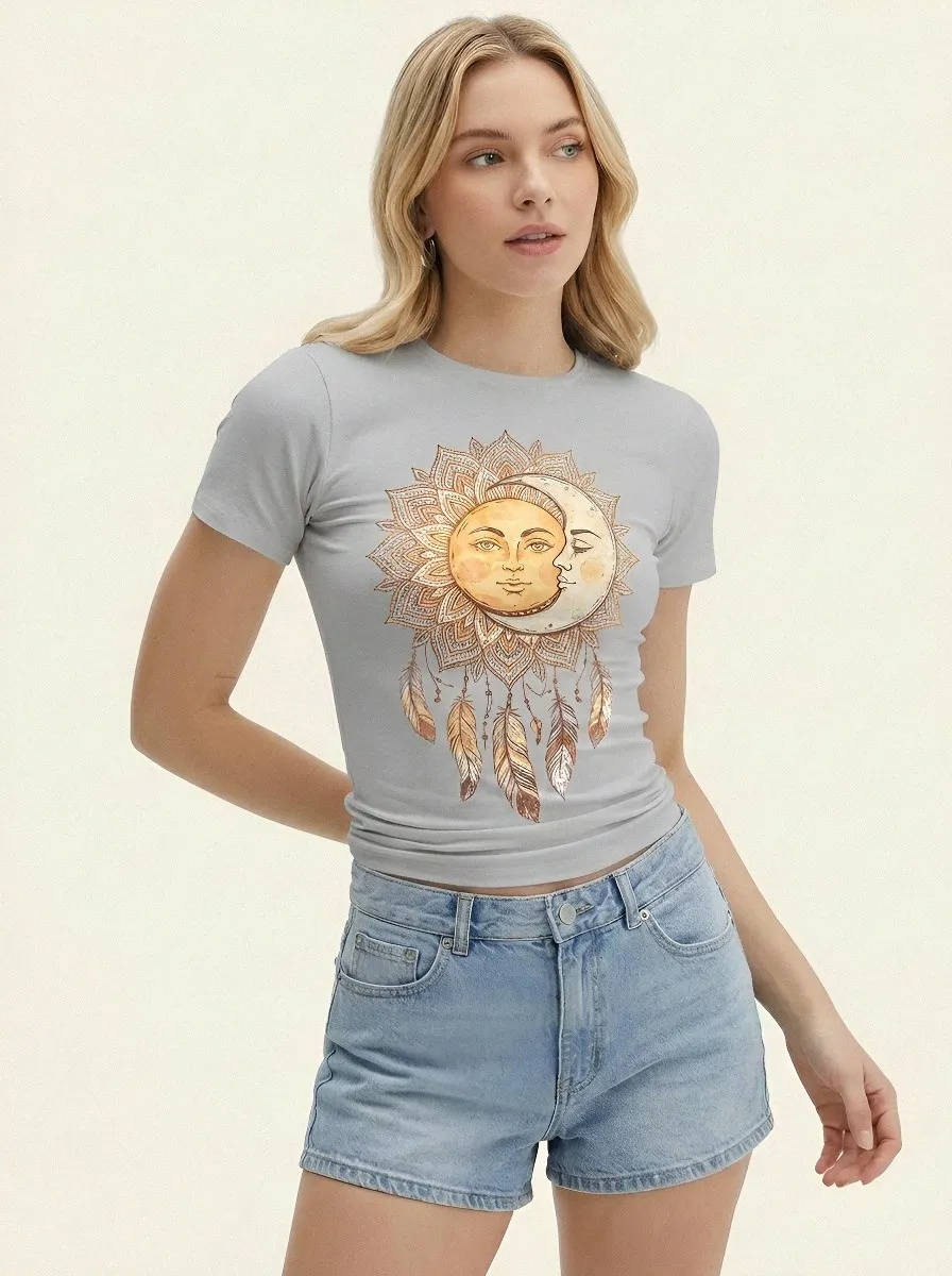 Women's Celestial Boho Sun Moon Dreamcatcher Printed T-shirt
