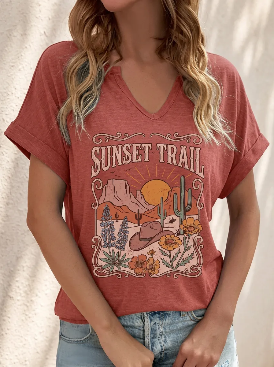 Cactus Cowboy-Hat Sunset Western V-Neck T-Shirt