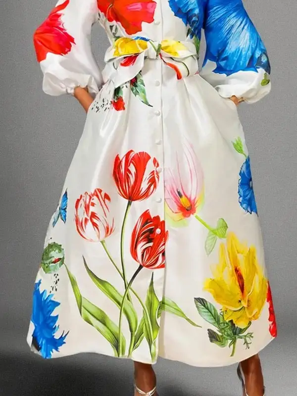 Elasticity Buttoned Long Neck Maxi Dress