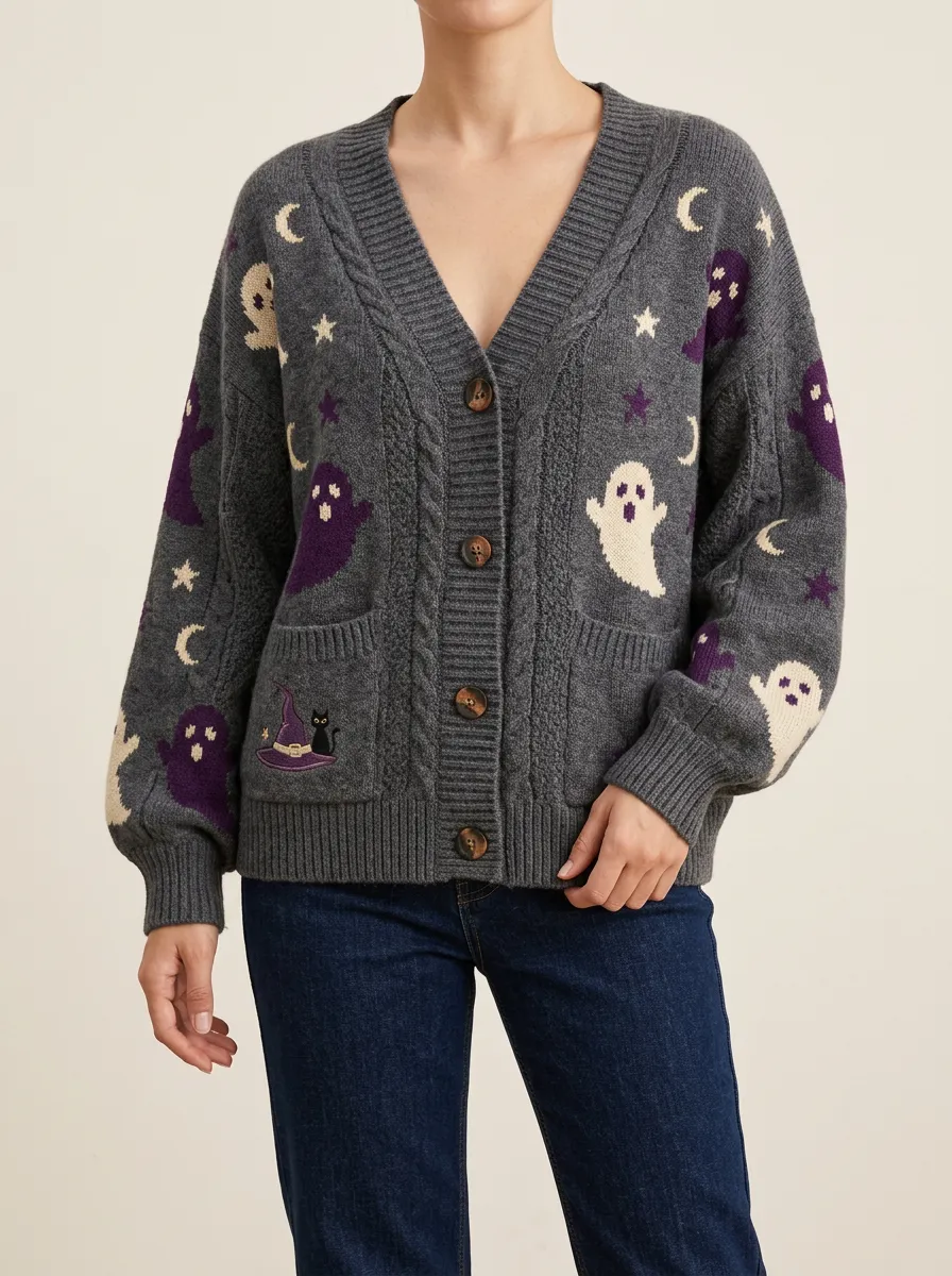 Women's Ghost Moon Star Cat Halloween Knit Cardigan