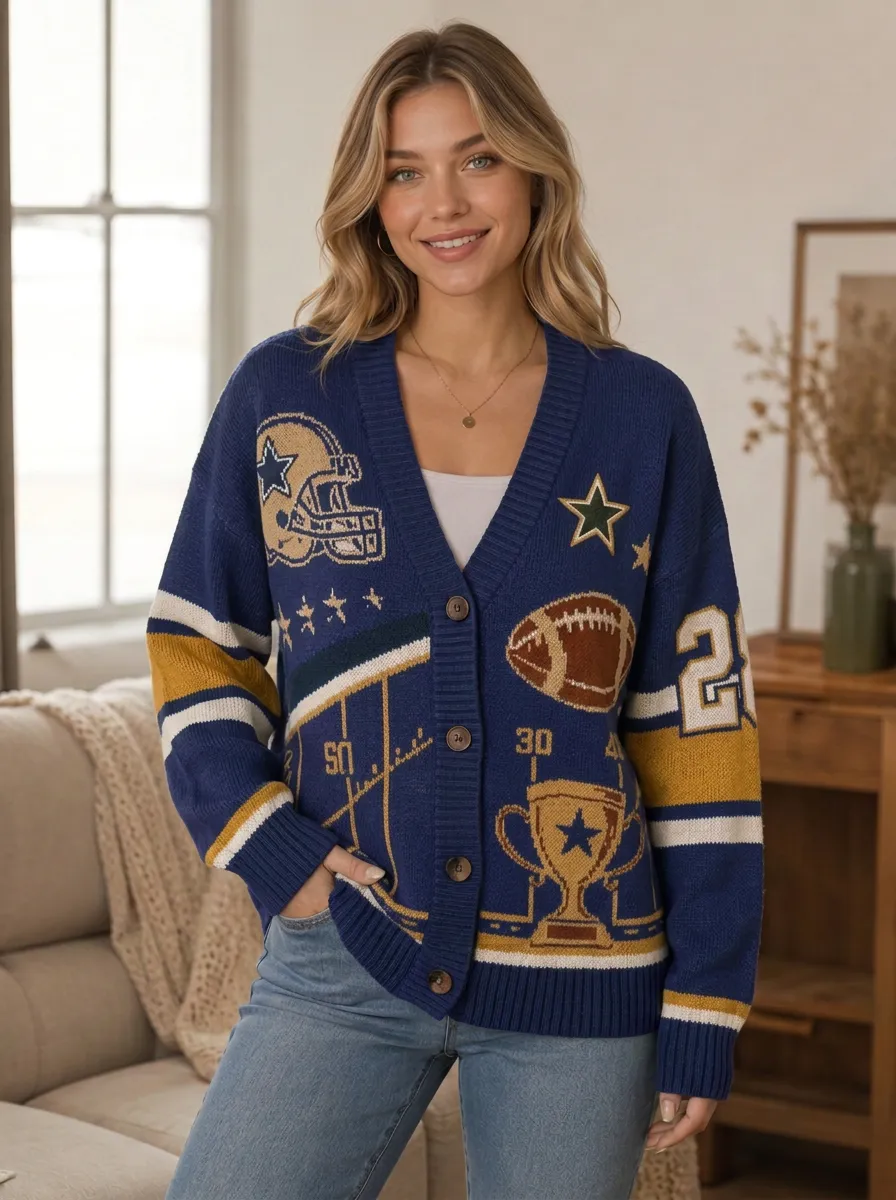 Women's Classic Everyday Helmet Football Trophy Knitted Cardigan