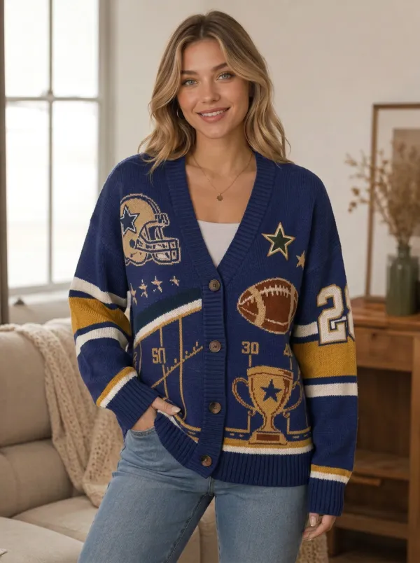 Women's Classic Everyday Helmet Football Trophy Knitted Cardigan