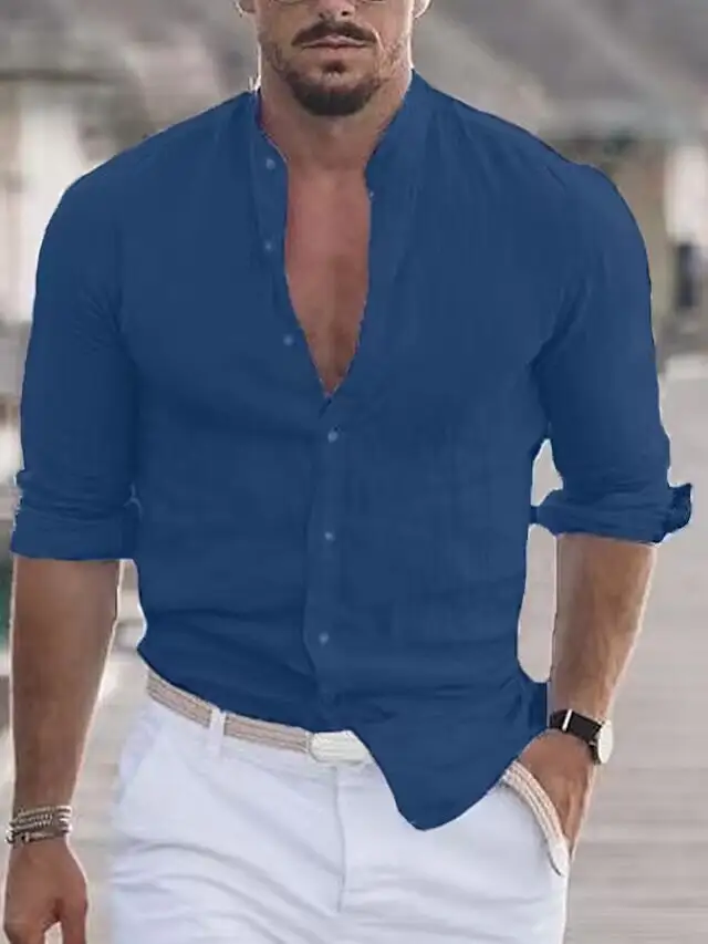 Men's Casual Linen Shirt With Modern Stand-up Collar And Roll-up Sleeves