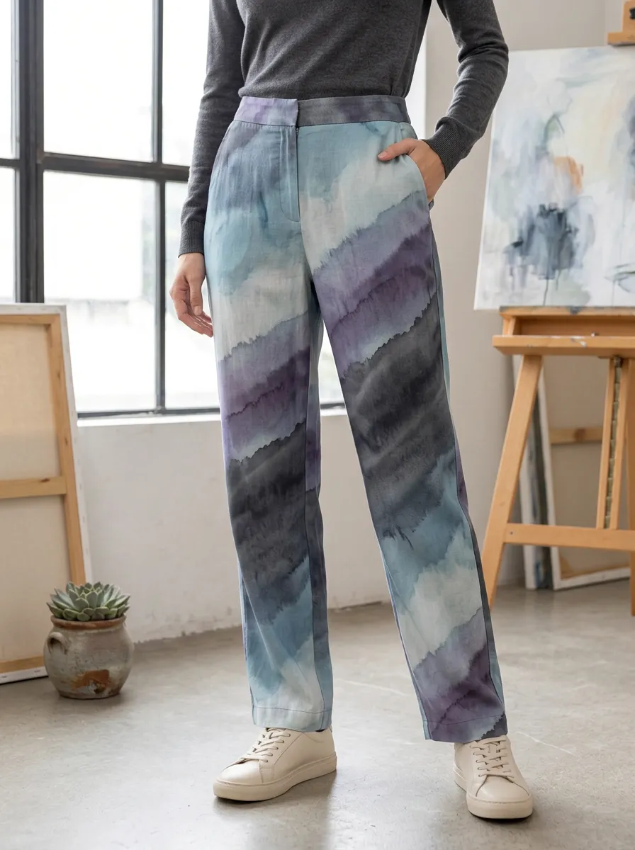 Women's Relaxed Abstract Watercolor Landscape Printed Pants