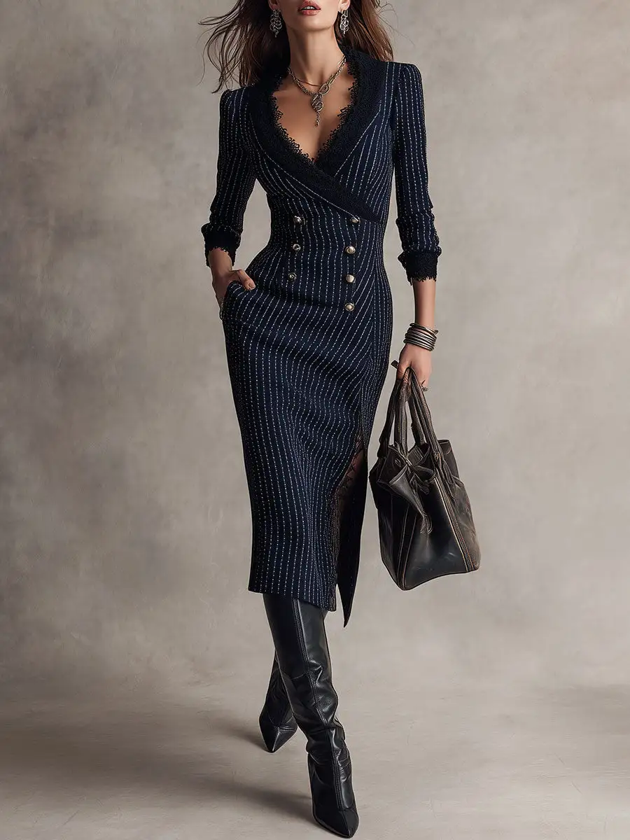 Retro Striped High Slit Blazer Midi Dress With Lace Trim