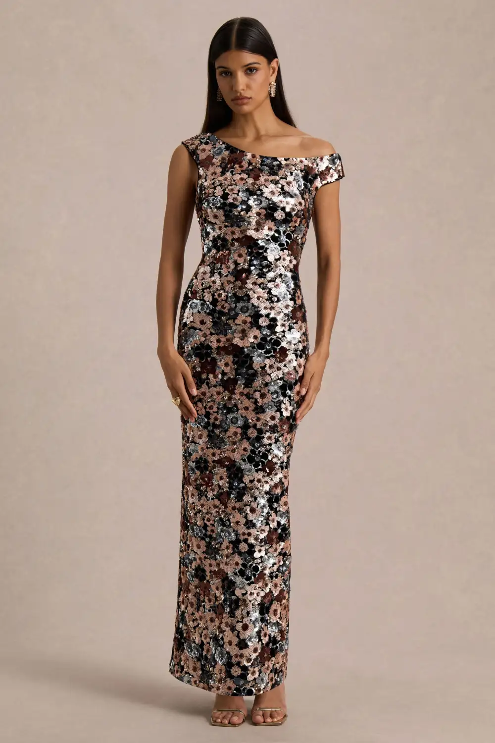 Electric | Black Sequin Floral Velvet Asymmetric-Neck Maxi Dress