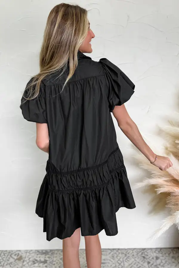 Ruffle Trim Button Front Puff Sleeve Mini Dress