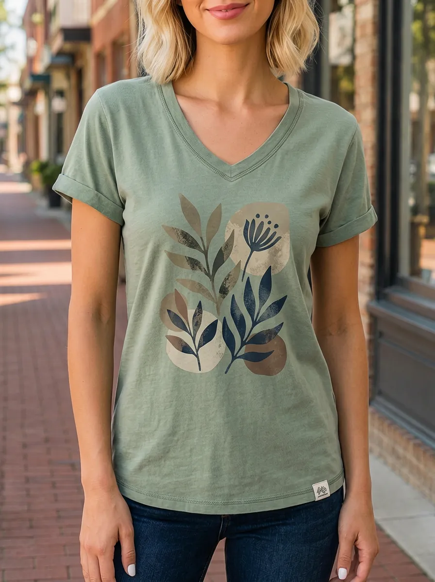 Women's Botanical Nature Lover Abstract Leaves Printed V-neck T-shirt