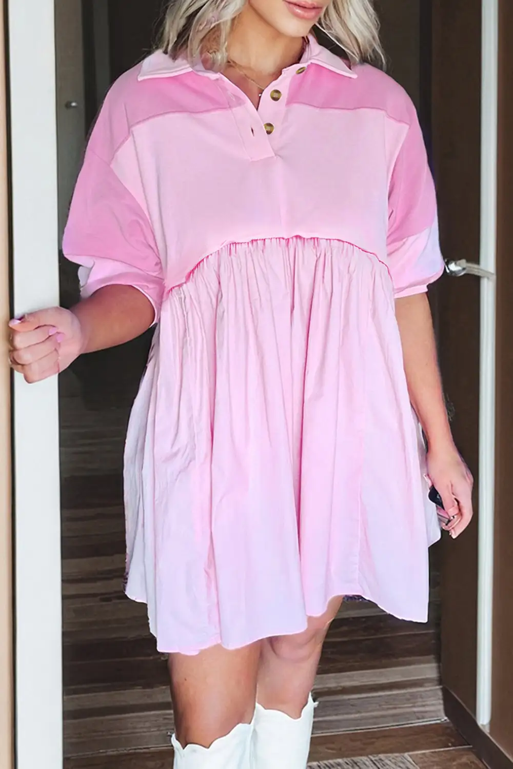 Button Front Mixed Panel Collared Mini Dress