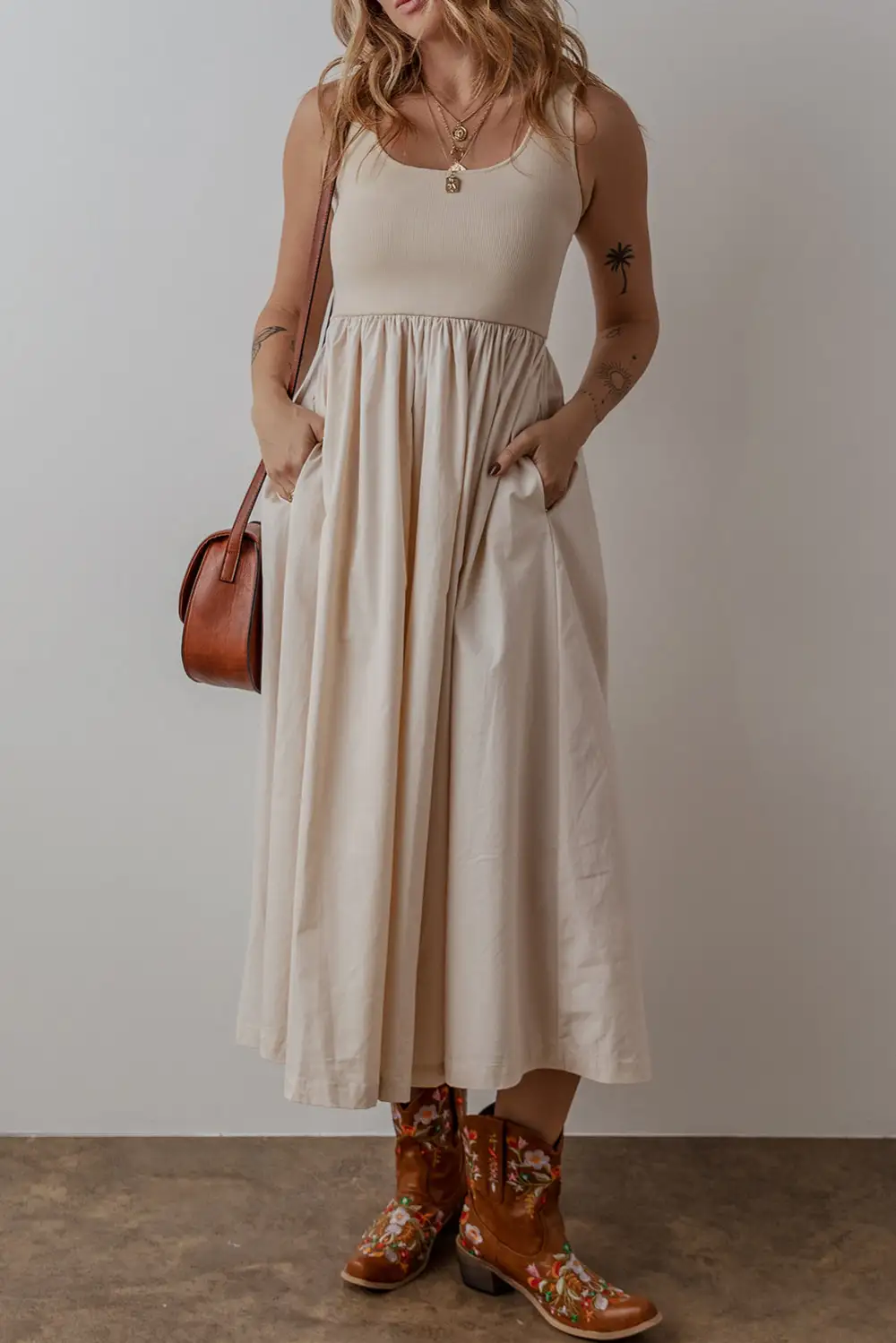 Maxi Scoop Neck Ribbed Bodice Pleated Sleeveless Long Dress